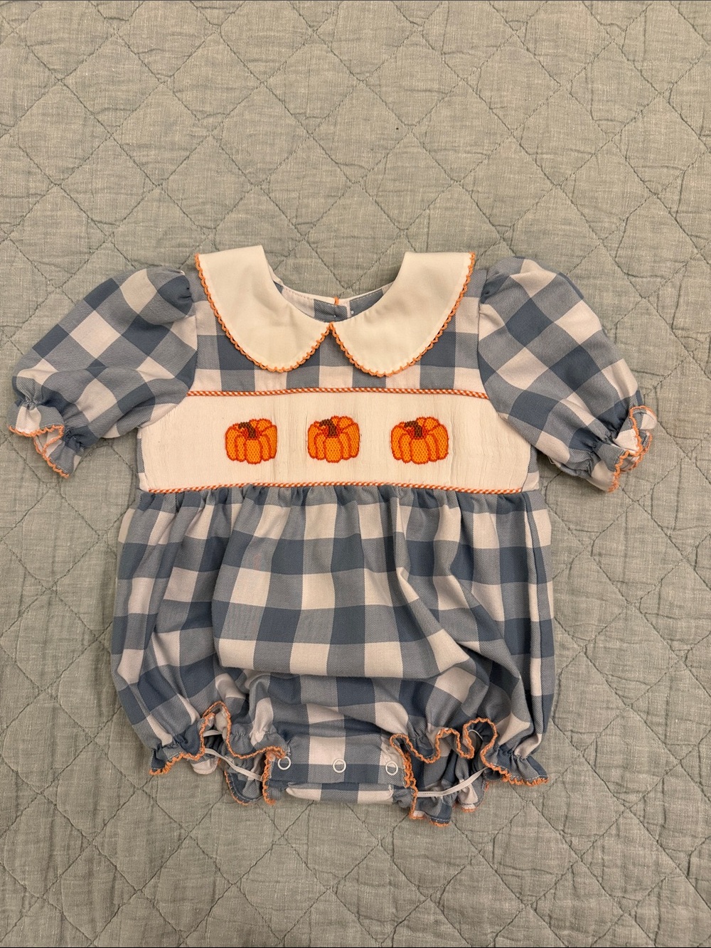 Blue Gingham Pumpkin Smocked Baby One-Piece Bodysuit with Peter Pan Collar